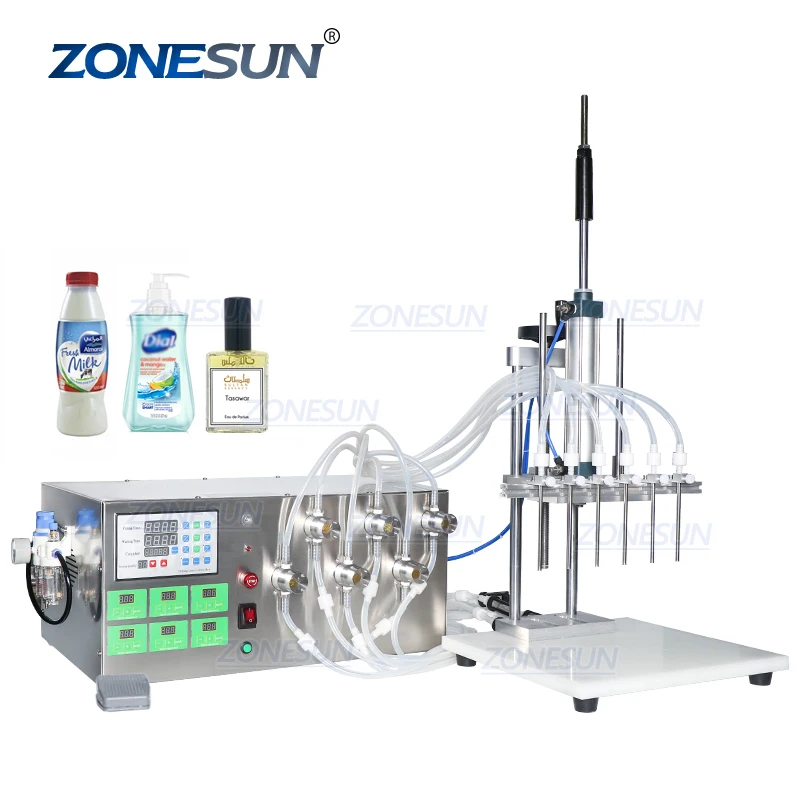 ZONESUN 6 Heads Semi-automatic Magnetic Pump Eye Dropper Gel Juice Essential Oil Perfume Liquid Bottle Filling Machine