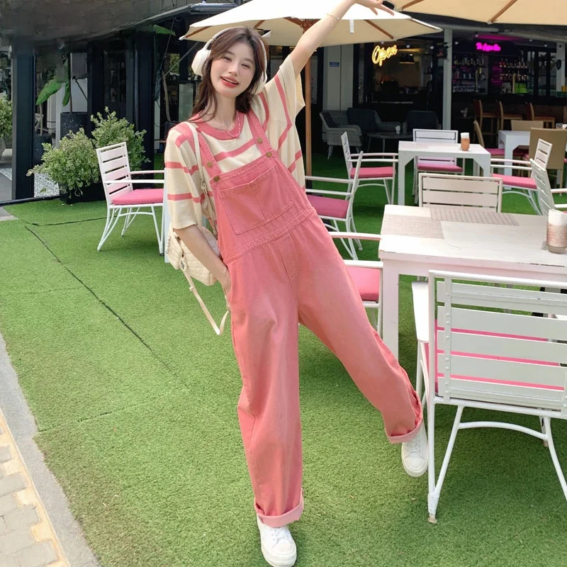 

Pink Denim Overalls Women's Summer 2024 Trendy Anti-Aging Workwear Straight Wide Leg Strap Pants High Waist Commute Sle