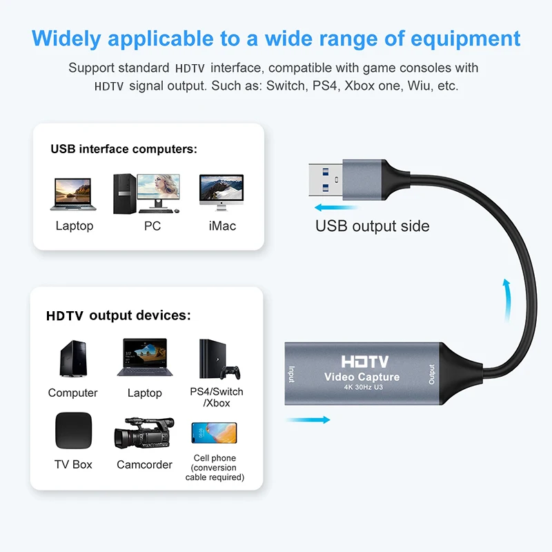 USB3.0 HDTV Video Capture Card Game Grabber Record for Switch Xbox PS4/5 Live Streaming Broadcast