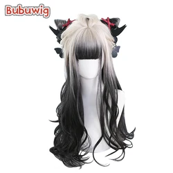 Bubuwig Synthetic Hair 89 Colors 60cm Long Curly Mixed Color Lolita Wig Ivory Gradient Black Wigs With Flat Bangs Heat Resistant