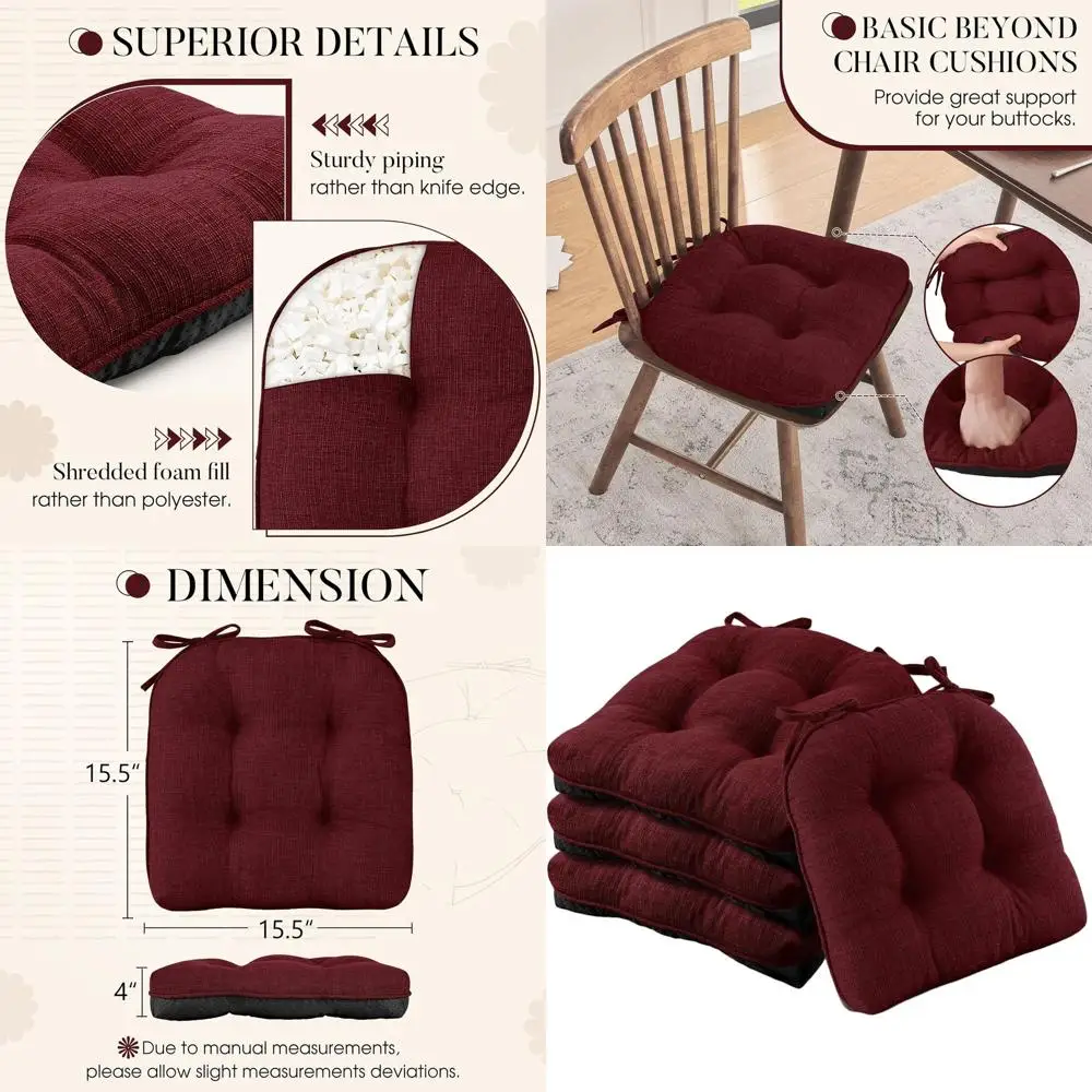 

Набор из 4-х подушек для обеденного стула, 15,5x15,5, тафтинговый с завязками и нескользящей подложкой, темно-красный