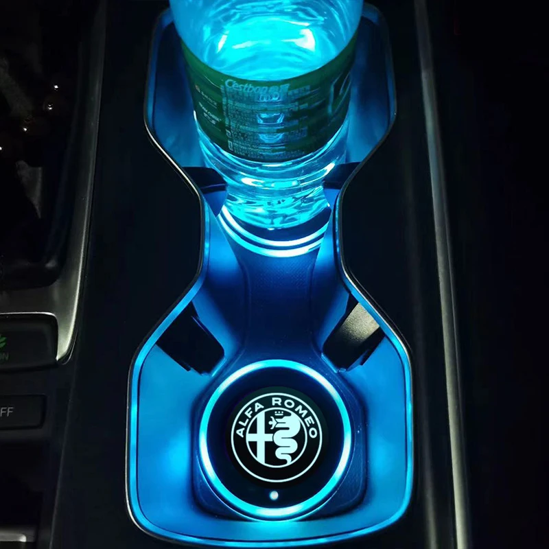 7 Colors Car LED Luminous Water Cup Pads Auto Coaster Mats For Alfa Romeo Giulia Stelvio Giulietta 156 159 147 Mito Tonale Brera