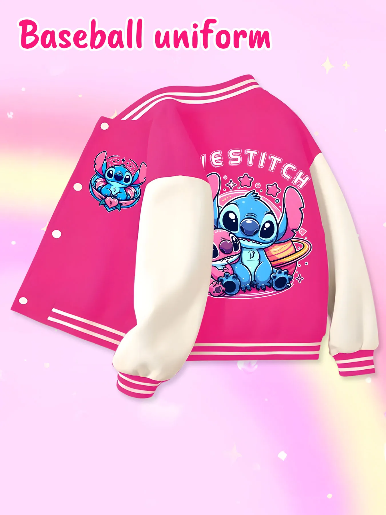 Disney fashion trend baseball jacket, suitable for daily sports and casual wear, printed with cute Stitch pattern, nice gift.