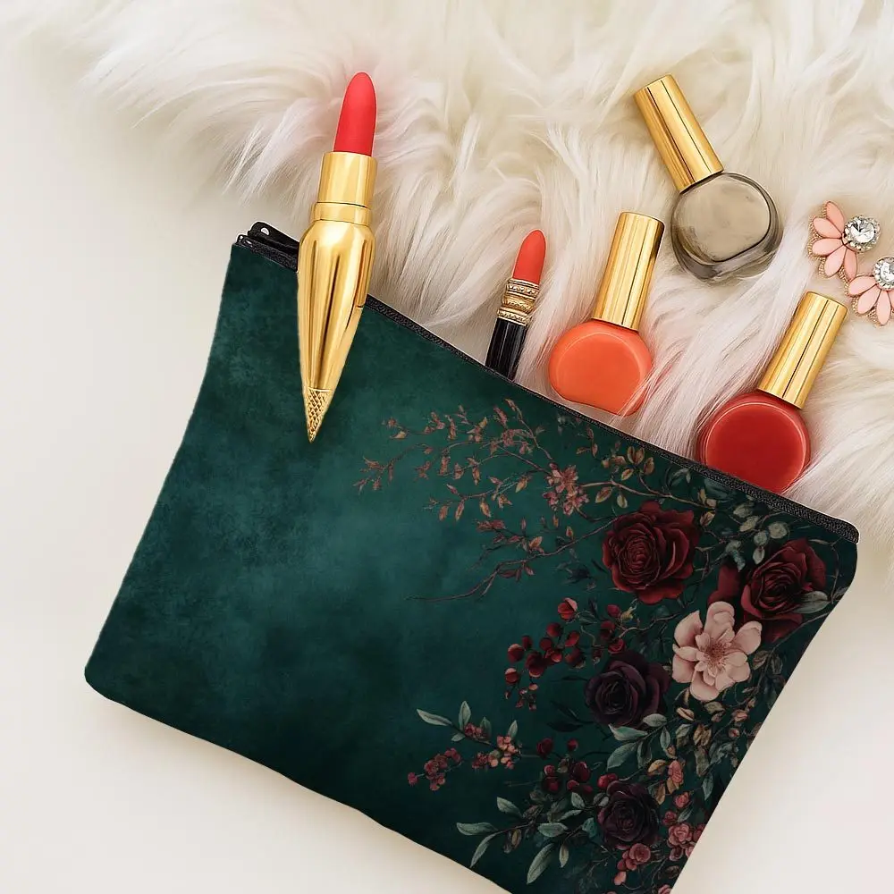 1pc Dark Green Vintage Floral Makeup Bag,Cosmetic Pouch,Suitable for Daily,Travel,Makeup Storage,Elegant Gift for Flower Lovers