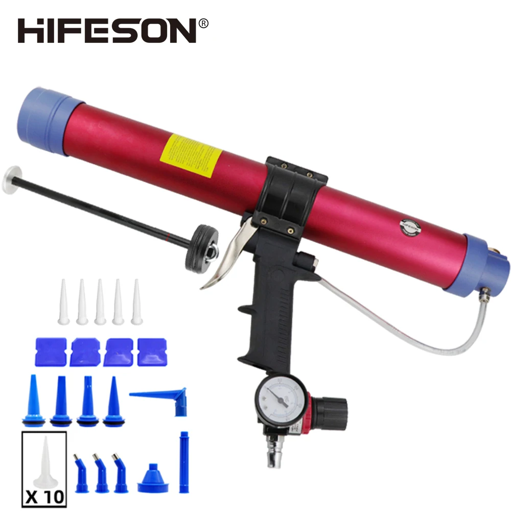 HIFESON 610ml Pneumatic Glue Gun Sealant Gun Air Caulking Gun Nozzles Glass Rubber Grout Construction Soft Hard Dual Purpose Use