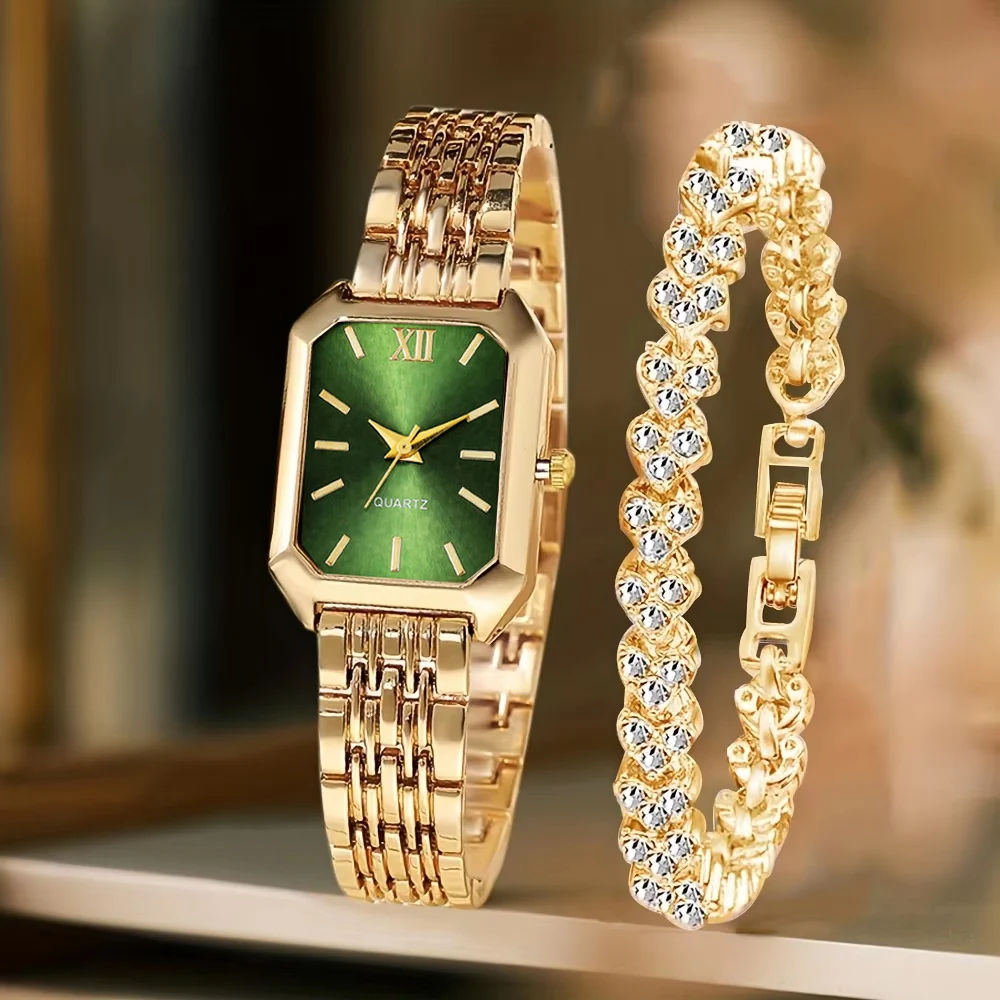 2PCS Fashion Rectangle Women Quartz Watch Rhinestone Bracelet Set Ladies Roma Dial Wristwatch Reloj Mujer Girls Clock Gift gallery 3