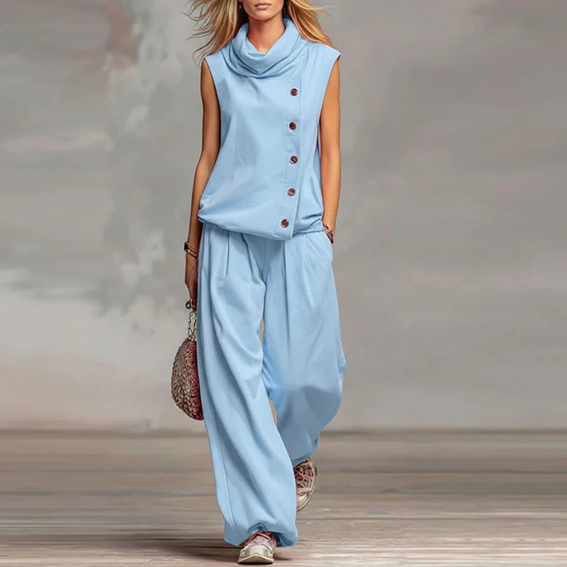 Hot Sale Elegant Women Sleeveless Tank Tops Wide Leg Pants Set Summer Fashion Casual Two Piece Set Women Beach Holiday Outfits