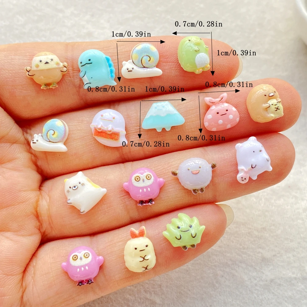 60Pcs Energetic Cute Cartoon mini rabbit, dinosaur, snail, owl Nail Art Resin Designer Charms DIY 3D Decorations Jewelry