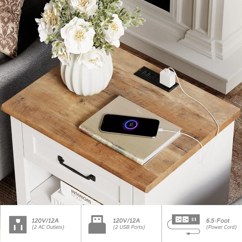 منضدة مع منفذ شحن، درج تخزين وأرجل خشبية، طراز ريفي