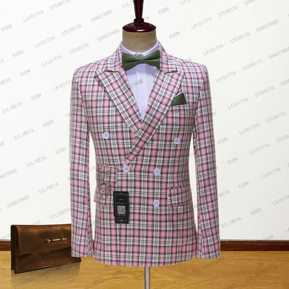 

2023 New Fashion Pink Plaid Men's Suit Double-Breasted Peak Lapel Flat Slim Fit Casual Tuxedos For Wedding Jacket Blazers Coat