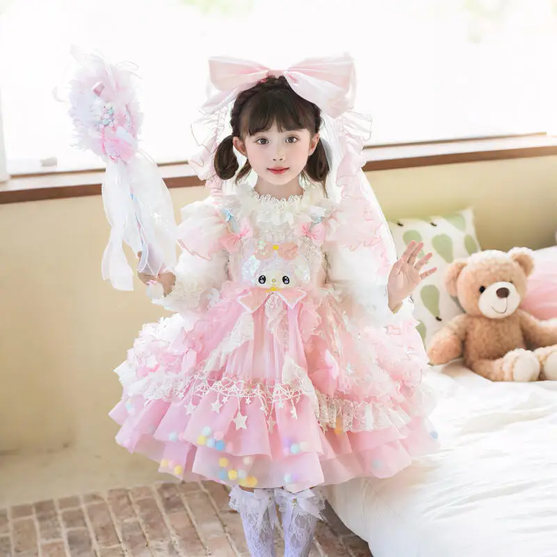 

Платье My Melody в стиле аниме Лолиты, кавайный костюм принцессы с рюшами, юбка, милое многоуровневое праздничное платье для девочек, подарок на Хэллоуин и праздник