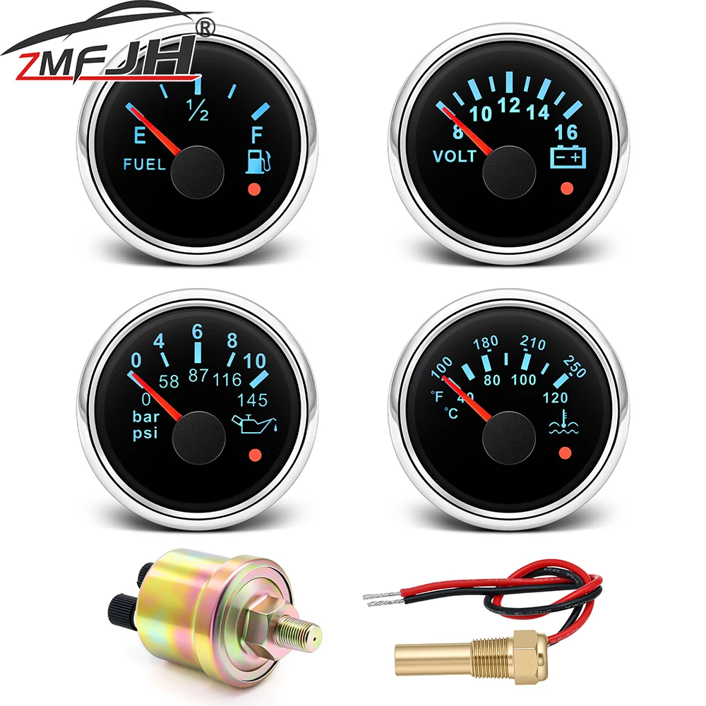 4 Gauges Set Oil Press + Water Temp +Voltage + Fuel Level Gauge 7 Colors Led Light Indicator For Marine Boat Car 12V 24V