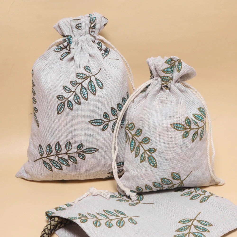 5pcs/lot Cotton Linen Green Leaf Printed Drawstring Bag Gift Pouches Key Coins Cosmetic Storage Bags Jewelry Packaging Bag
