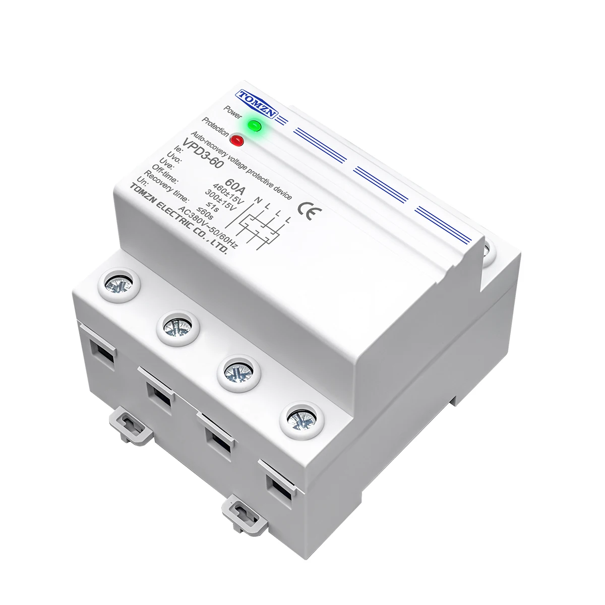 TOMZN 60A 380V Three Phase Four Wire Din Rail Auto Recovery Reconnect Over Voltage And Under Voltage Protective Protection Relay