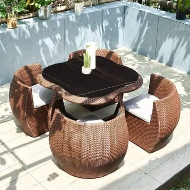 Contemporary Outdoor Dining Furniture All-Weather Rattan Wicker Table Chair Set for Garden Terrace Patio Hotel Apartment Villa
