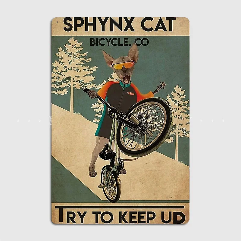 Sphynx Cat Cycle - Try to Keep Up Vertical Metal Print Metal Poster Home Cave Classic Plaques Tin Sign Room Wall Decor