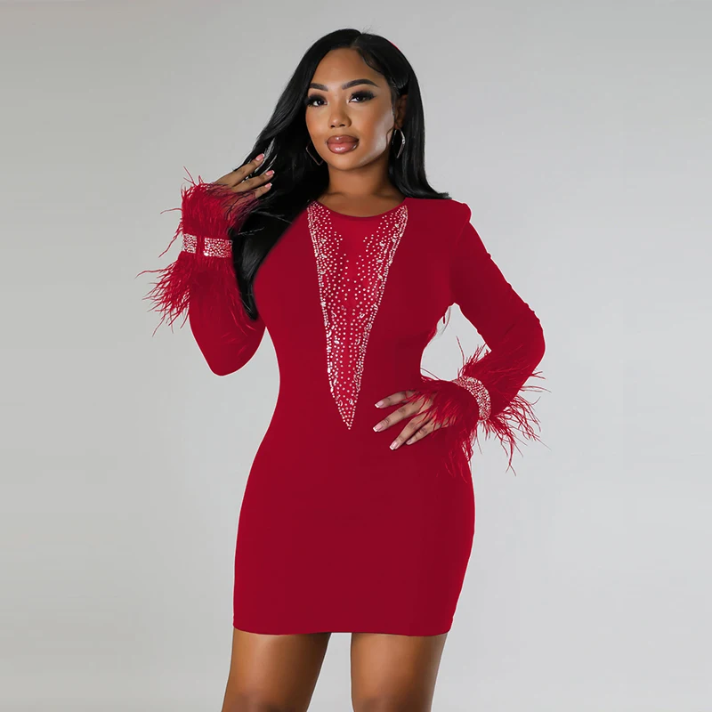 Female Clothing Evening Dress Sexy Mesh Patchwork Tight Mini Skirt Women\'s Feather Long Sleeved Perspective Birthday Dress Luxur