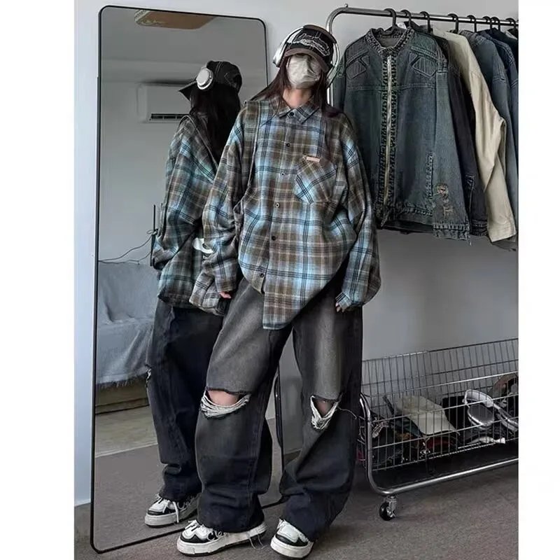 

Loose Fit Plaid Long Sve irt Men's Casual Sle Autumn Winter plus Size 250 Pou American Trendy Brand Lazy Sle Top