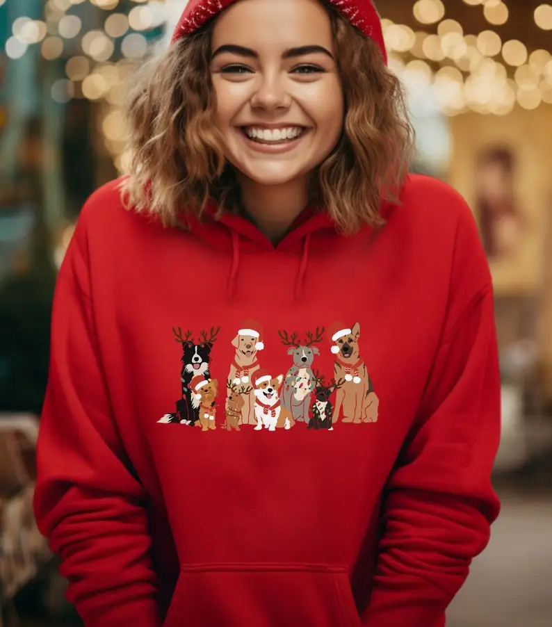 Christmas Dog Hoodie Owner Gift, Dog Christmas Hoodie, Holiday Vintage Sweatshirts Casual Long Sleeve Hooded Streetwear