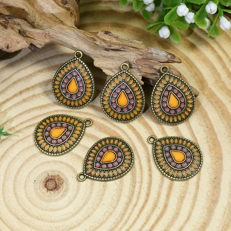 50pcs/lot 25*18mm Bohemian Style Ancient Silver Color Drop Shape Enamelled Alloy Charms Ear Pendant DIY Jewelry Earring