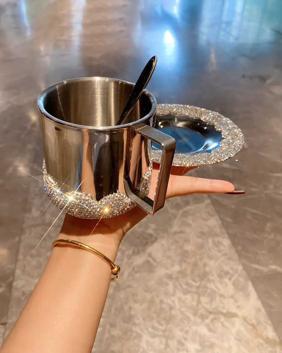 High profile Level Coffee Cup and saucer set Artificial diamond-encrusted stainless steel insulated latte iced Americano cup