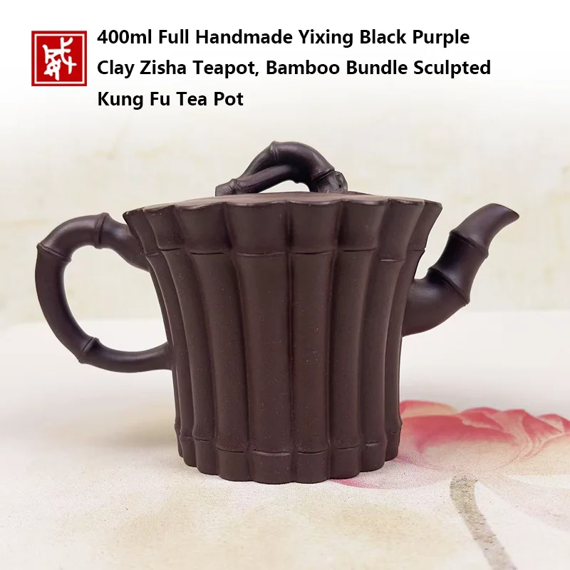 Handmade 400ml Zisha Teapot Yixing Black Clay Kung Fu Tea Pot Bamboo Bundle Purple Clay Chinese Traditional
