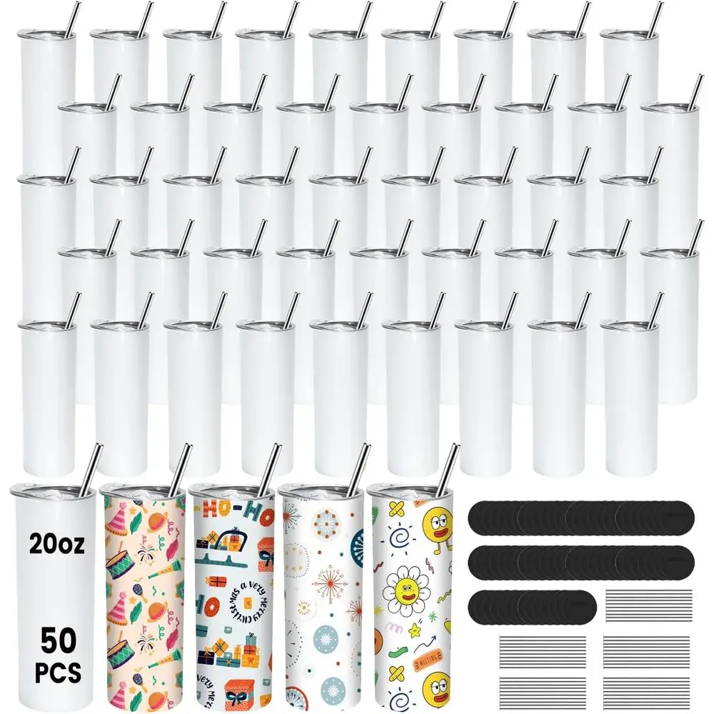 

Sublimation Tumblers Bulk 20 oz Skinny, 50 Pack StainlSteel Double Wall Insulated Straight White Blank Cups with Stainlsteel sts