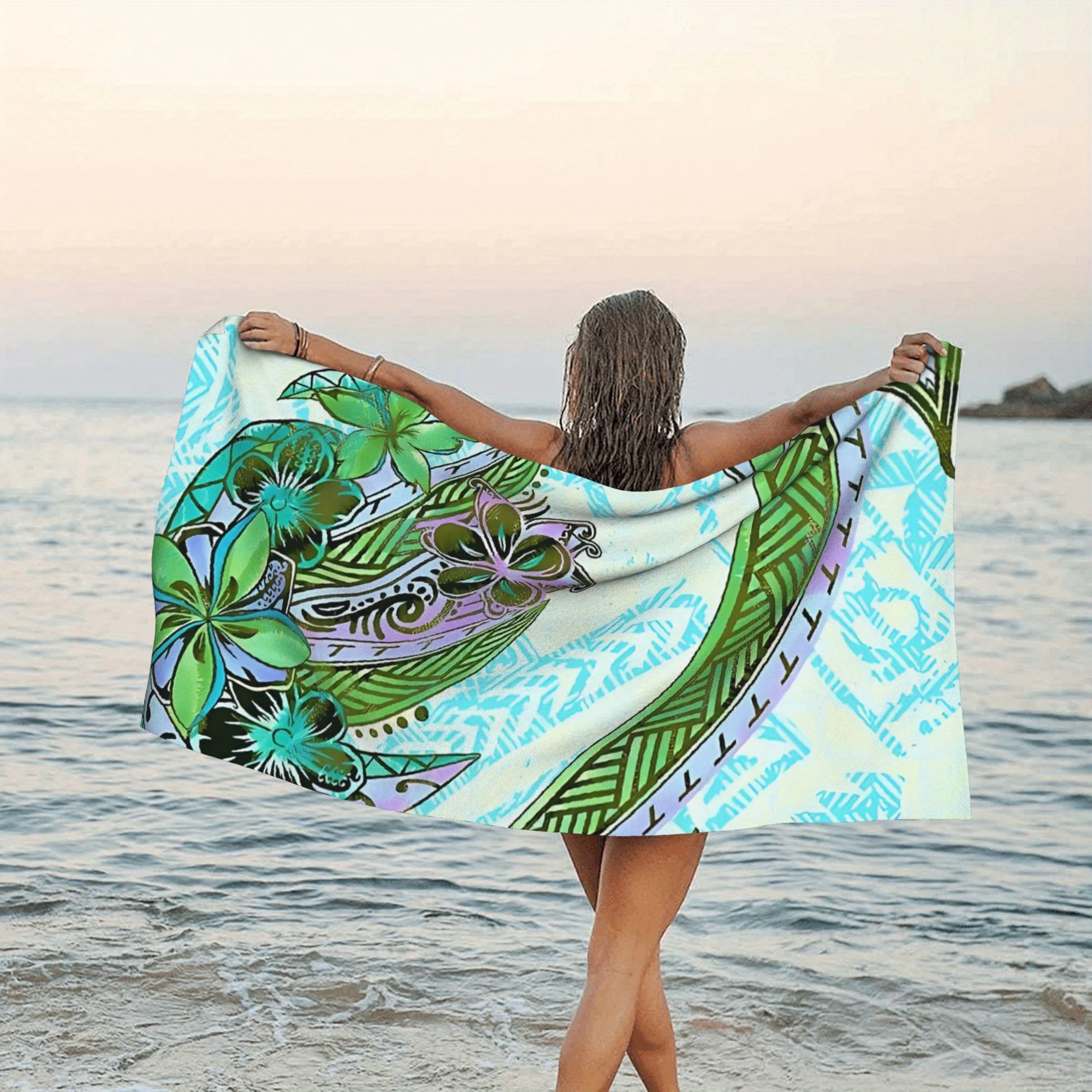 1pc Polynesian Hawaiian Teal Floral Tribal Beach Towel Oversized Quick-Dry Microfiber Tropical Pattern with Green Leaves