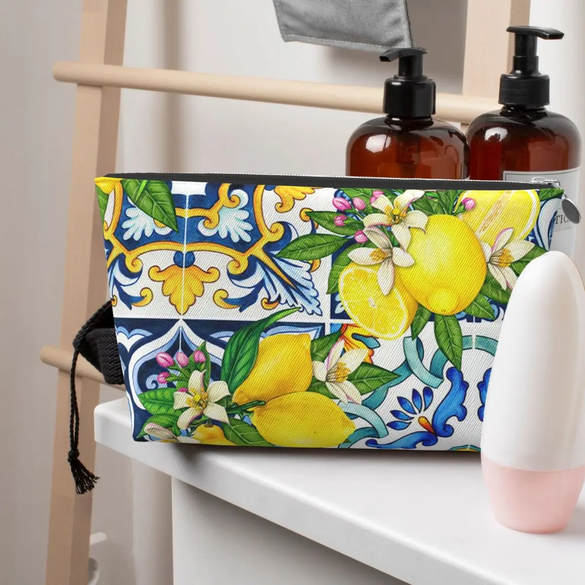 Bright Mediterranean Sicilian Tiles With Citrus Lemons Women Cosmetic Bag Travel Makeup Organizer Pouch Toiletry Storage Kit Box