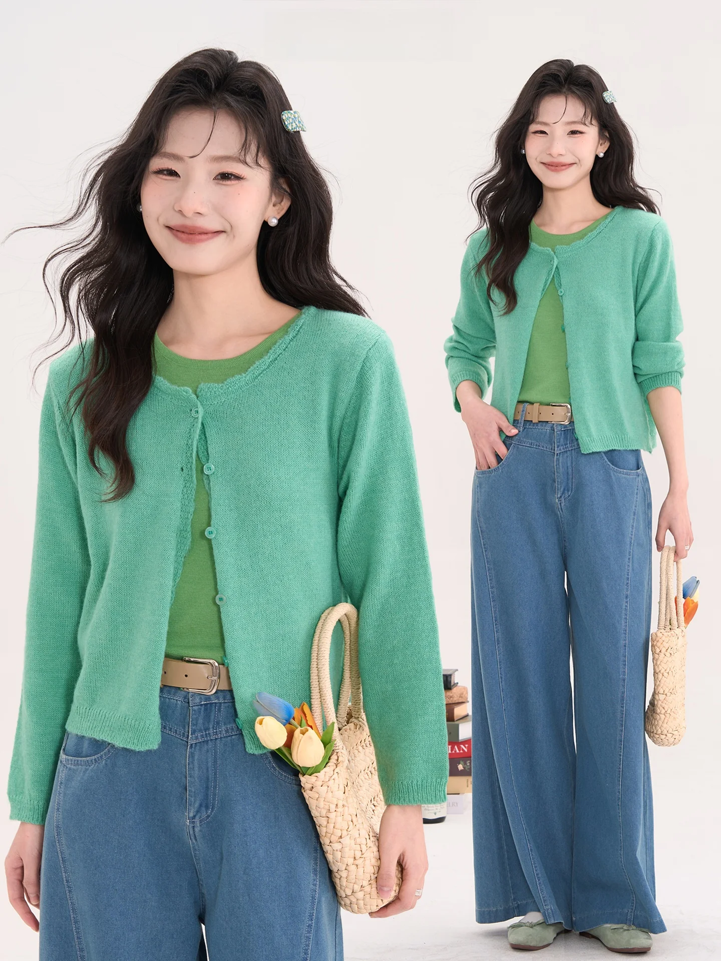 

Вязаный кардиган Sweet Sle для женщин, весенний, модный, с цветочным декором, универсальный, простой дизайн, в корейском стиле, с длинными рукавами, круглым вырезом