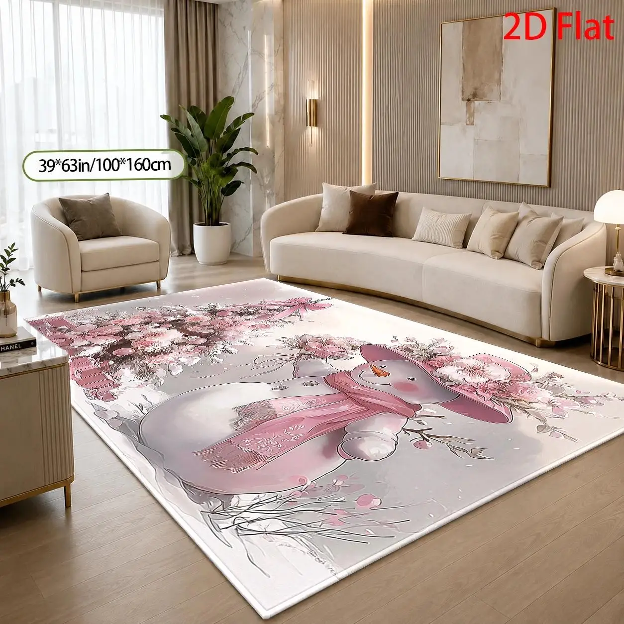 1pc 2D Flat Large Christmas Rug, Pink Snowman Floral Pattern, Soft & Washable, for Living Room, Bedroom, Patio