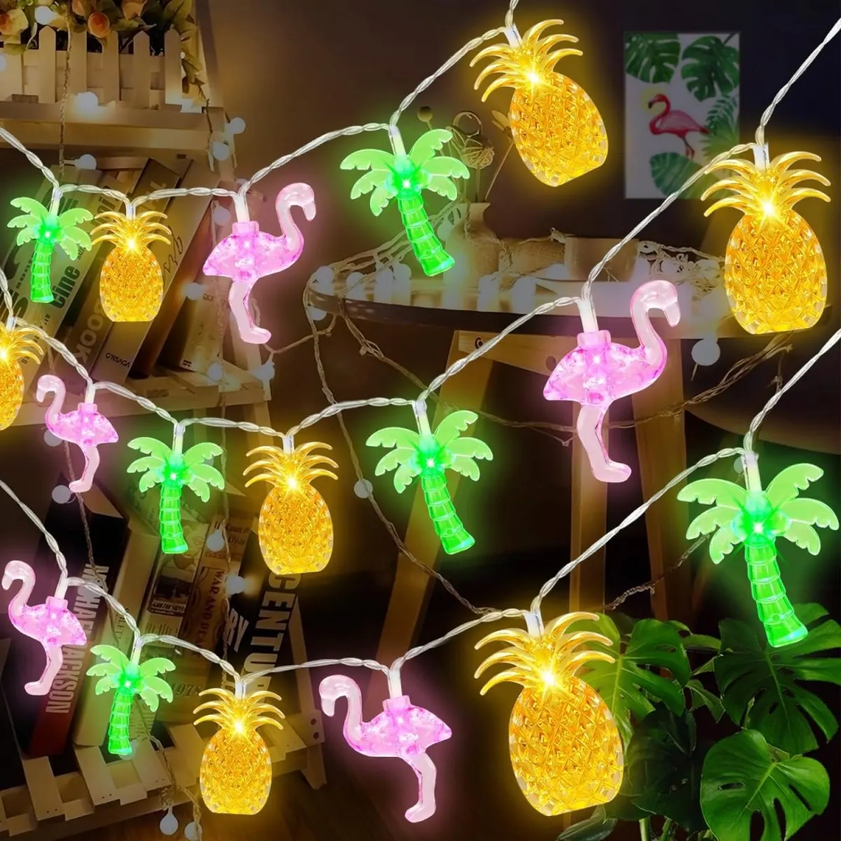 1PC 10/20 LED Flamingo Pineapple Palm Tree String Lights Battery Operated Tropical Beach Hawaiian Fairy Atmosphere Lights image 3
