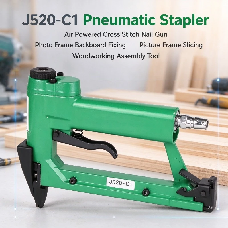 J520-C1 Pneumatic Stapler, Air Powered Cross Stitch Nail Gun for Photo Frame Backboard Fixing, Picture Frame Slicing