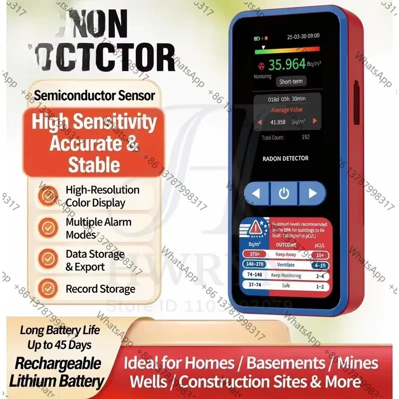 Professional Radon Detector for Basement Home 6H Fast Result 45 Day Battery Color Display Data Logging 24 48 72 96h Alarm