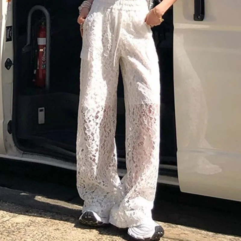 Summer American Leisure Street Decorated White Gauze Lace Drawstring Waist Trousers Gentle Temperament Dating Ladies' Trousers