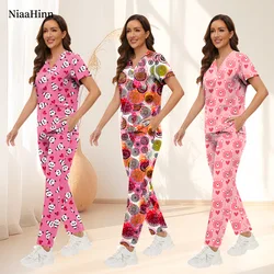 Cartoon Print Surgical Clothes Elasticity Medical Uniform Women Nurse Accessories Dental Clinic Scrubs Set Beauty Salon Workwear
