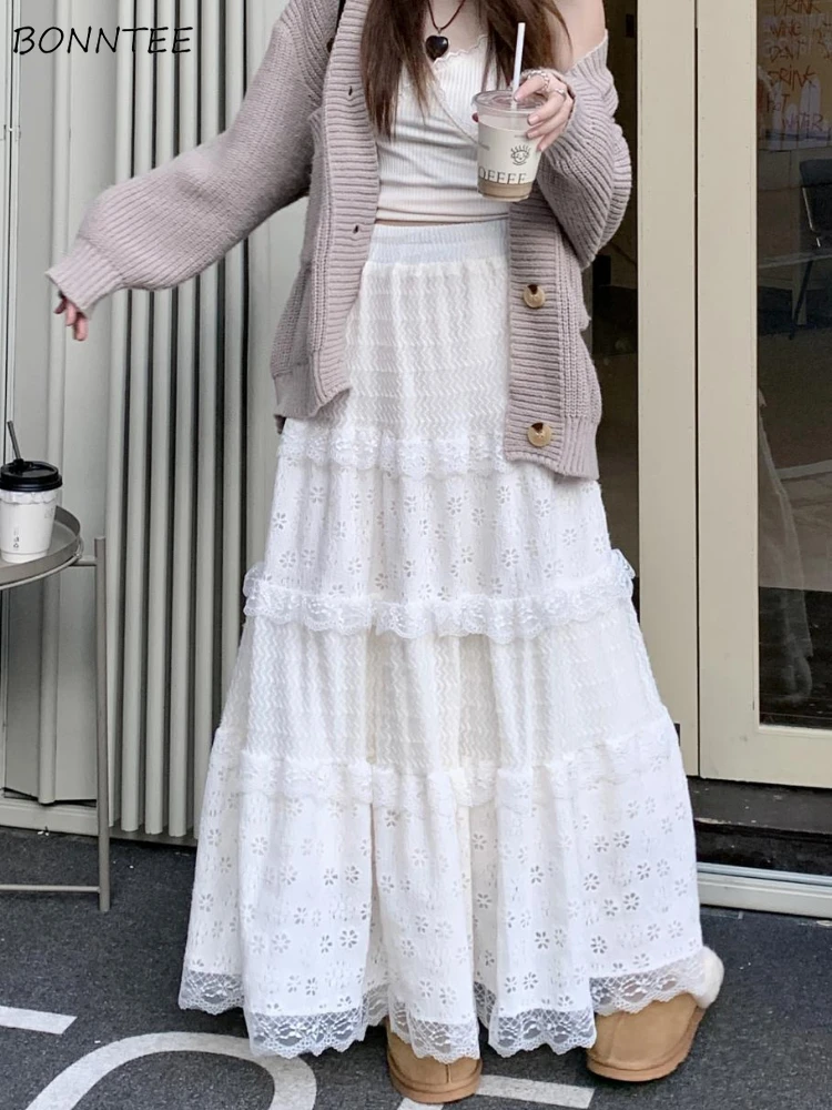 

Long Skirts Women Chic Hollow Out Lace French Style High Waist Sweet College New Spring A-line Fashion Retro Aesthetic Clothing