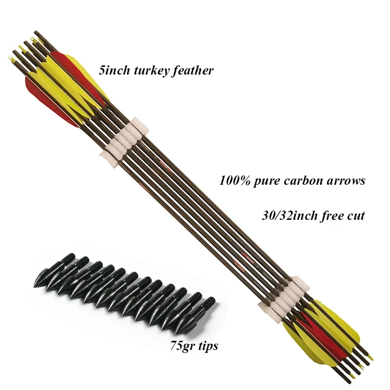 Linkboy Archery 12PCS Spine300 Pure Carbon Arrows W/ 5'' Turkey Feathers Complete for Compound Recurve Bow Hunting