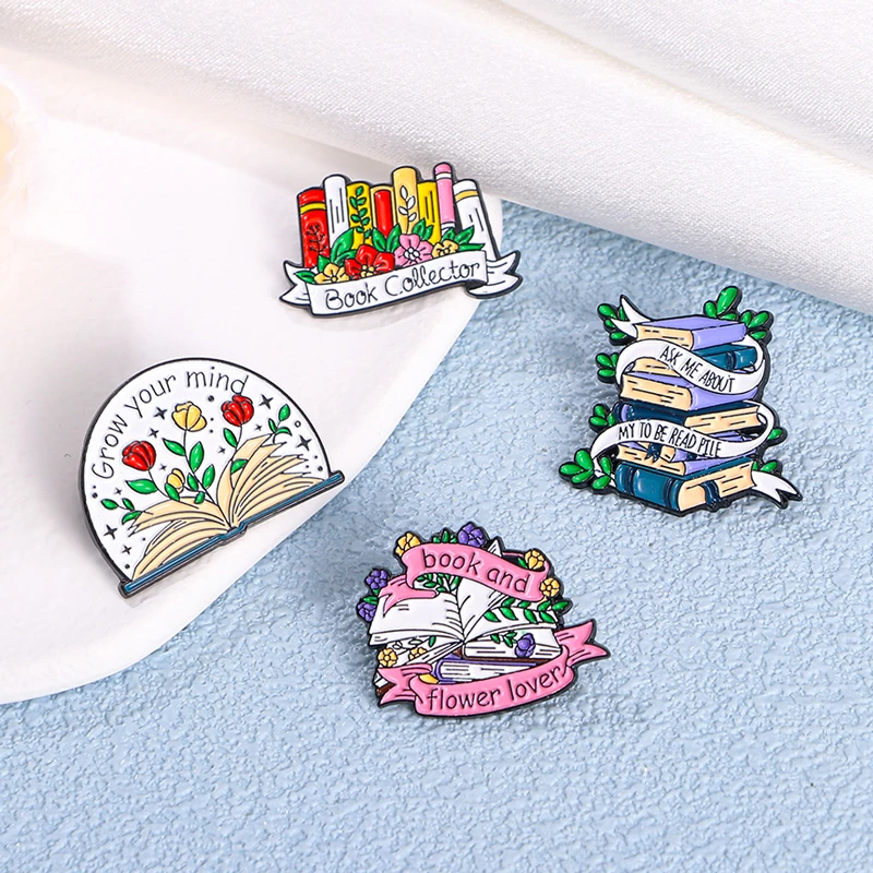 New Pretty Book Flower Collection Enamel Brooches Grow Your Mind Read Pile Lapel Pins Nice Gift For Student Teacher