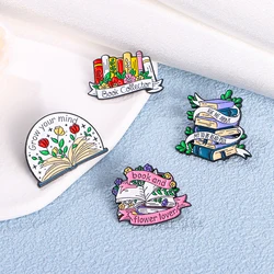 New Pretty Book Flower Collection Enamel Brooches Grow Your Mind Read Pile Lapel Pins Nice Gift For Student Teacher