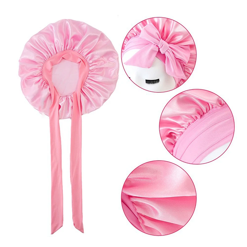 Beauty Hair Care Wide Brimmed Hat Ribbon Design Satin Sleeping Hat Hair Night Sleep Cap Head Cover Bonnets Shower Caps