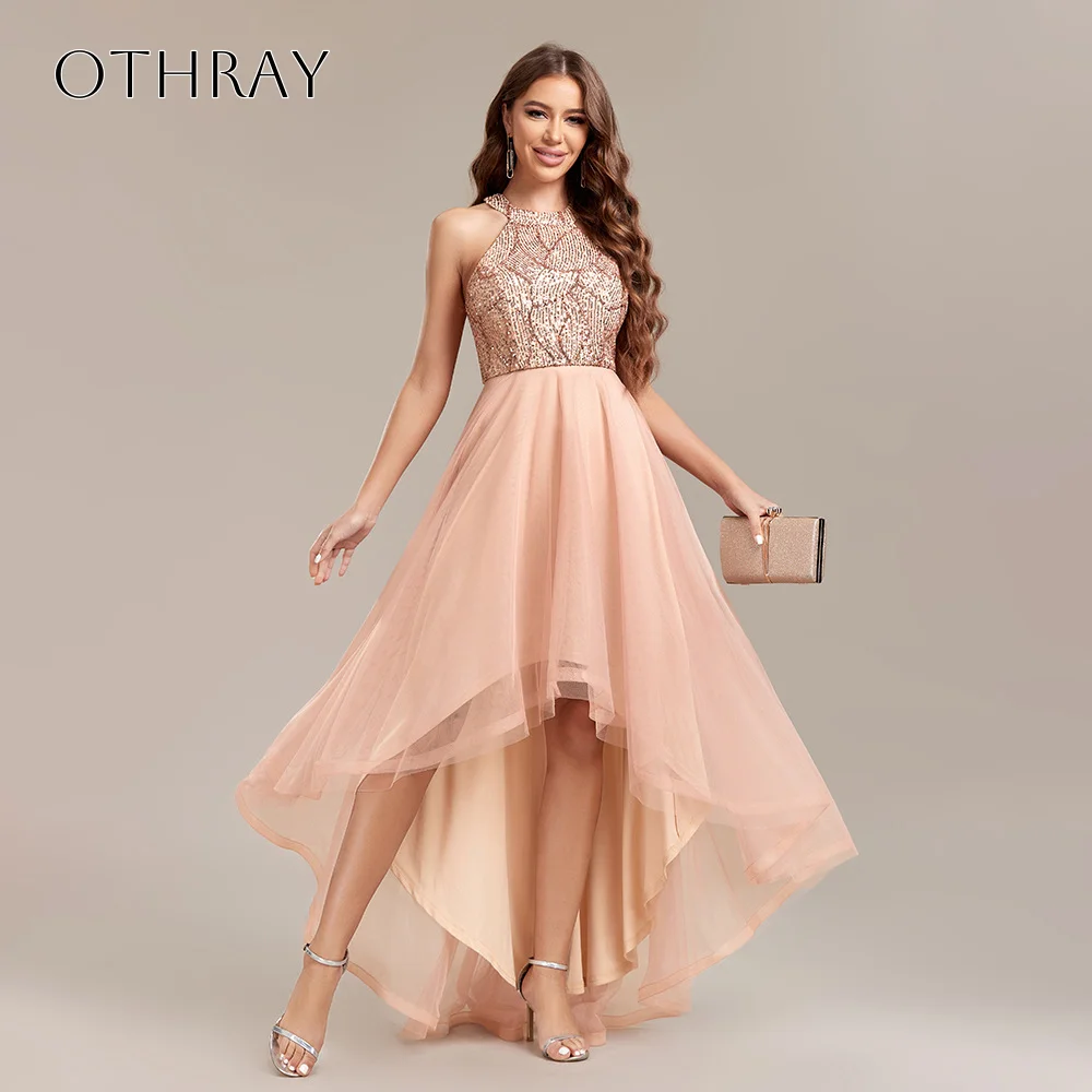 Vestidos de fiesta de una línea con lentejuelas y cuello halter, sin mangas, tul plisado, alto-bajo, personalizados, İ Г Грэйws 