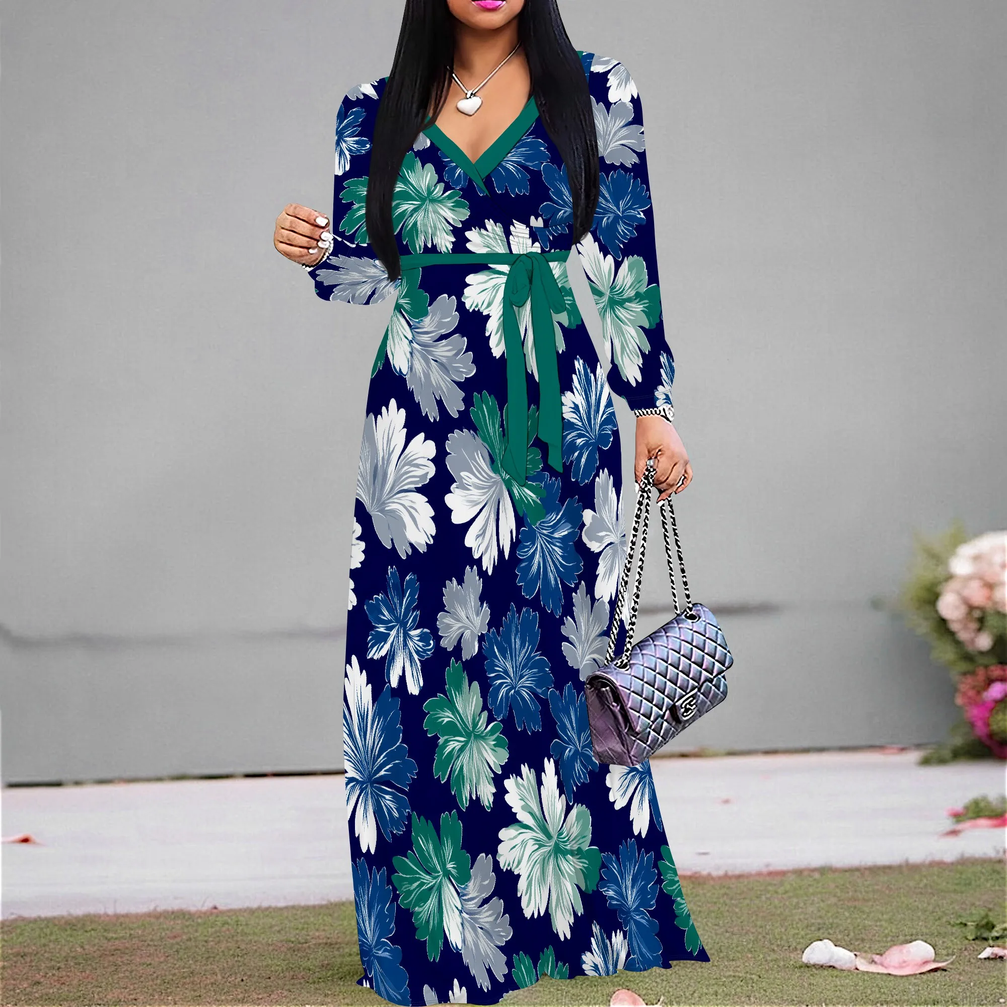

Nupusa Navy Green Floral Print Dress for Women Regular Size Summer Casual V Neck Long Sleeve Belted Maxi Dress