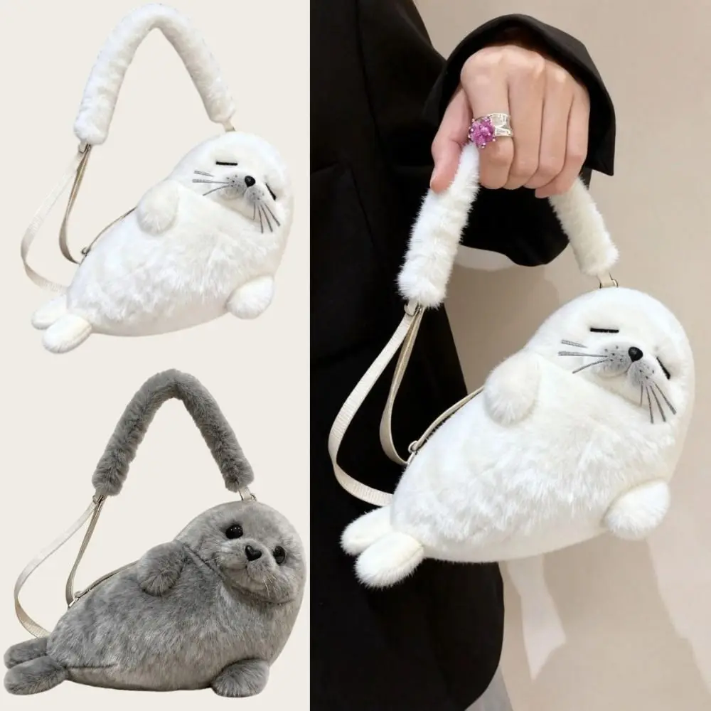 Soft Fluffy Cute Seal Shoulder Bag Cartoon Lightweight Crossbody Bag Adjustable Straps Plush Fabric Handbag Women's Accessories