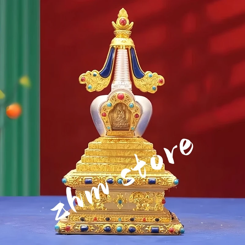 

Tibetan Stupa Tantric Removable Pearl Inlaid Gem Buddhist Statue Golden Alloy Handicraft Altars Indoor Home Desktop Decorative