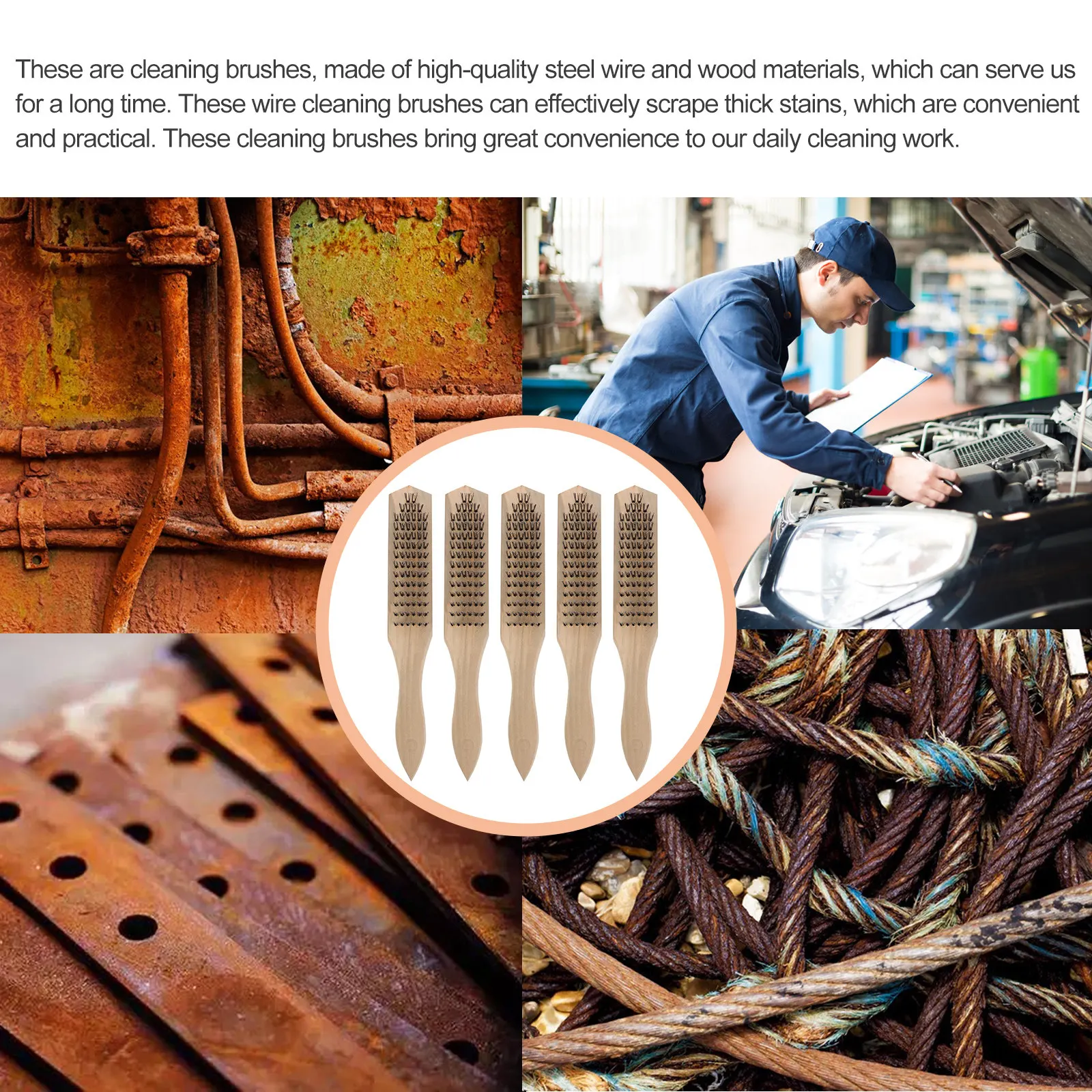 

Набор из 5 профессиональных проволочных щеток с деревянной ручкой и стальной щетиной для удаления ржавчины, чистки, полировки, зачистки, для промышленного и домашнего использования