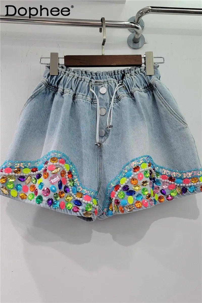 Heavy Industry Inlaid Color Diamond Beaded Short Jeans Women's High Waist Slimming Wide-Leg Denim Shorts 2023 New Summer Shorts