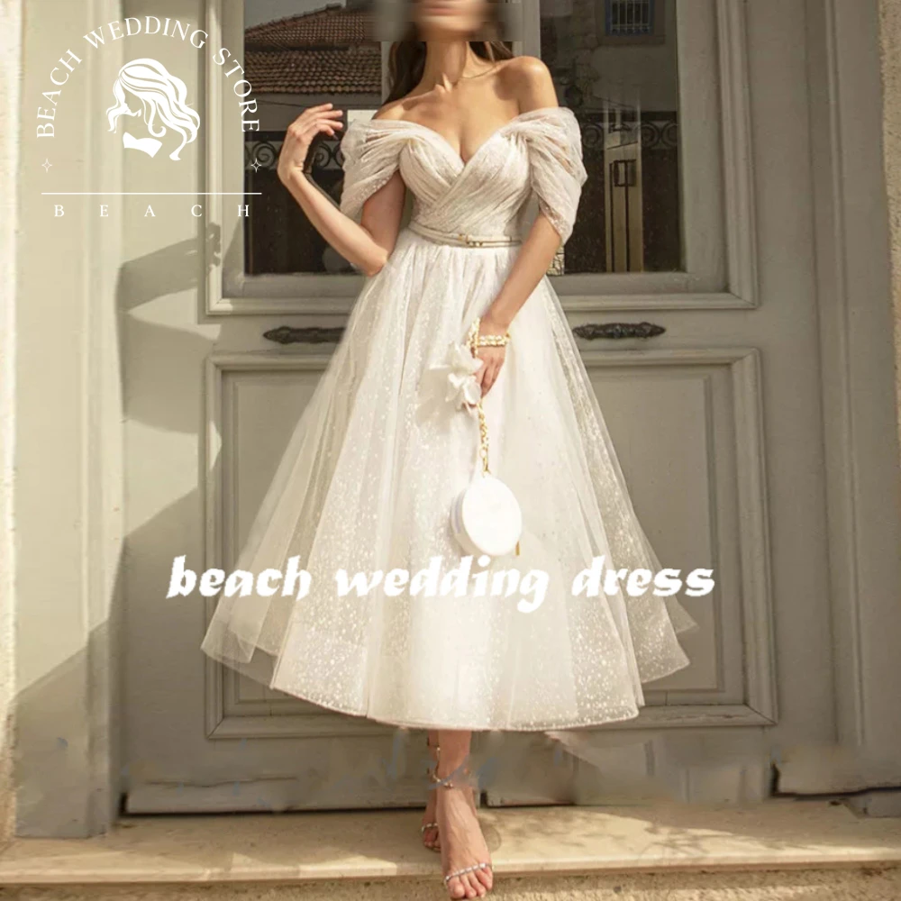 Beach CustomizedGlittter Boho Wedding Dresses For Women Off Shoulder Sweetheaart Net Tulle Beach Tea Length Bridal Gowns Lace Up