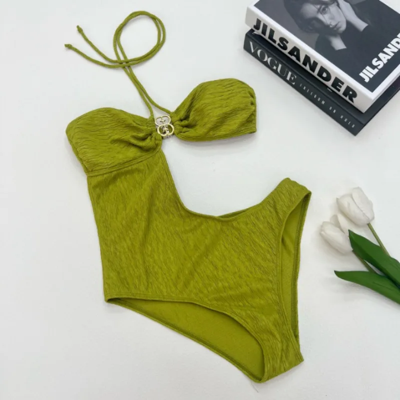 

Сексуальный цельный металлический купальник с асимметричными вырезами и завязками на шее, пляжный наряд, боди, бикини