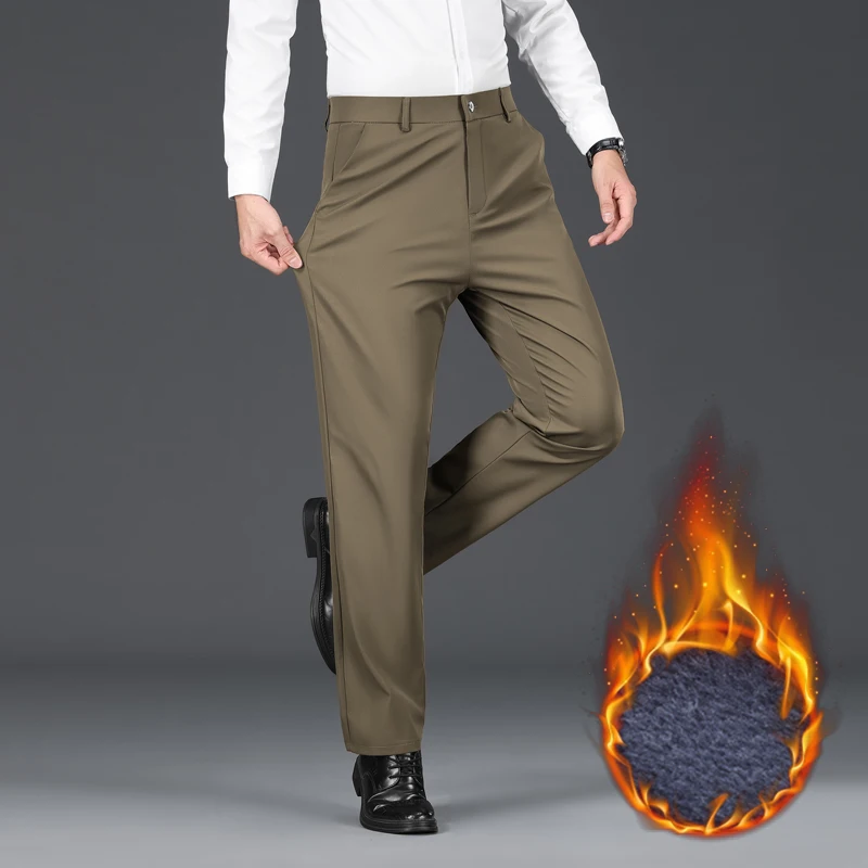 

Зимние теплые мужские флисовые брюки, плотные деловые прямые черные, синие рабочие формальные классические однотонные свободные брюки, большие размеры 38, 40